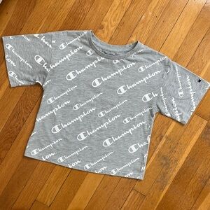 Champion All Over Logo Print Graphic Tee with Embroidered Sleeve Emblem Gray